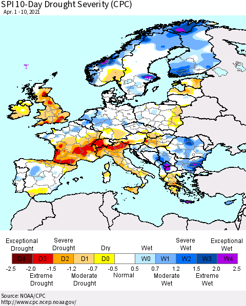 Europe SPI 10-Day Drought Severity (CPC) Thematic Map For 4/1/2021 - 4/10/2021