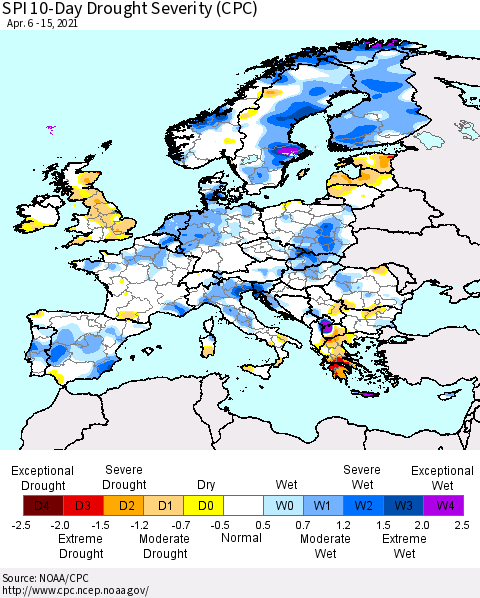 Europe SPI 10-Day Drought Severity (CPC) Thematic Map For 4/6/2021 - 4/15/2021