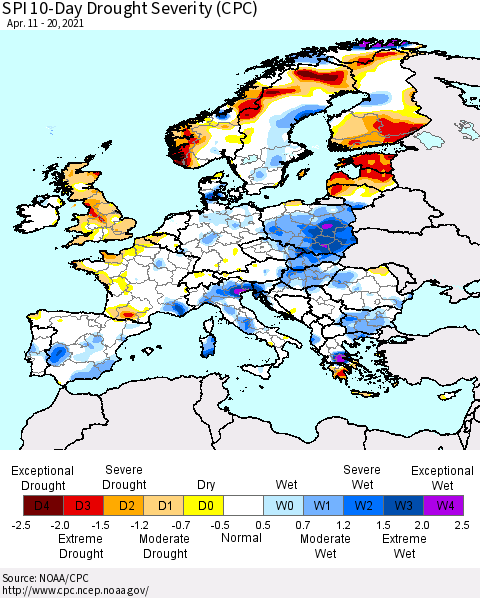 Europe SPI 10-Day Drought Severity (CPC) Thematic Map For 4/11/2021 - 4/20/2021