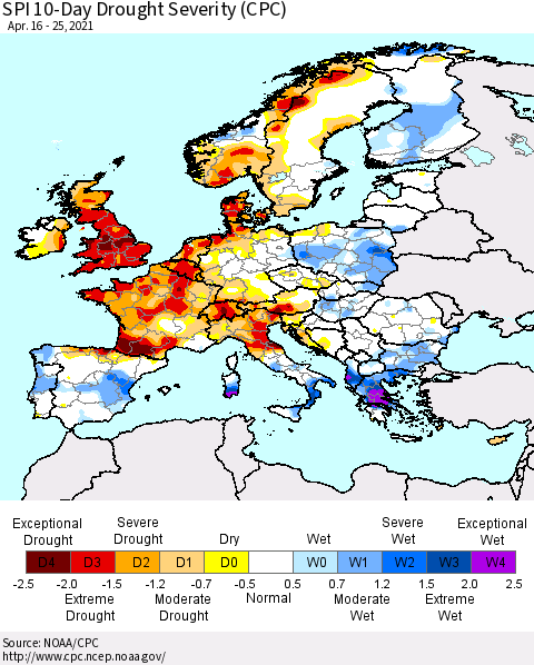 Europe SPI 10-Day Drought Severity (CPC) Thematic Map For 4/16/2021 - 4/25/2021