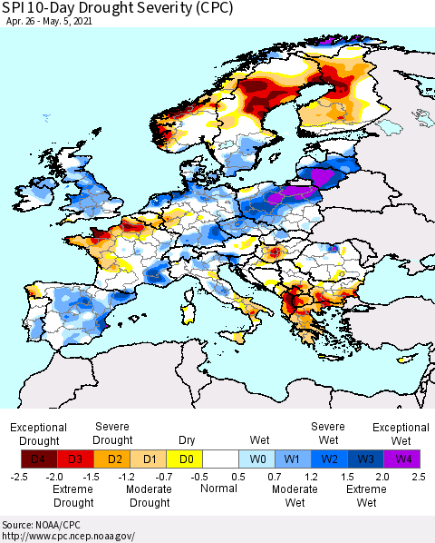 Europe SPI 10-Day Drought Severity (CPC) Thematic Map For 4/26/2021 - 5/5/2021