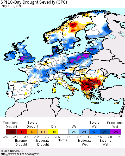 Europe SPI 10-Day Drought Severity (CPC) Thematic Map For 5/1/2021 - 5/10/2021