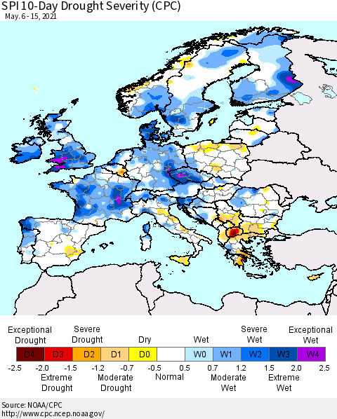 Europe SPI 10-Day Drought Severity (CPC) Thematic Map For 5/6/2021 - 5/15/2021