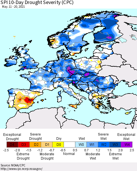 Europe SPI 10-Day Drought Severity (CPC) Thematic Map For 5/11/2021 - 5/20/2021