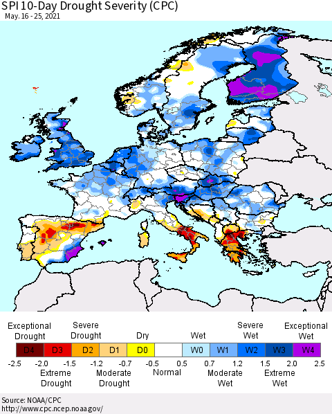 Europe SPI 10-Day Drought Severity (CPC) Thematic Map For 5/16/2021 - 5/25/2021