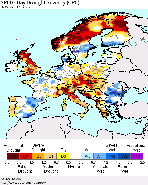 Europe SPI 10-Day Drought Severity (CPC) Thematic Map For 5/26/2021 - 6/5/2021