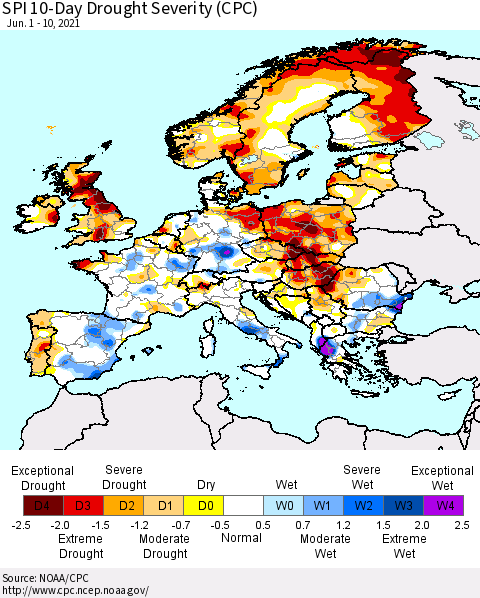 Europe SPI 10-Day Drought Severity (CPC) Thematic Map For 6/1/2021 - 6/10/2021