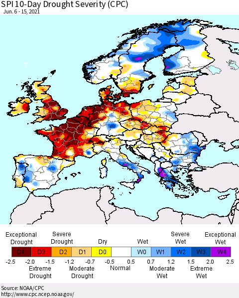 Europe SPI 10-Day Drought Severity (CPC) Thematic Map For 6/6/2021 - 6/15/2021