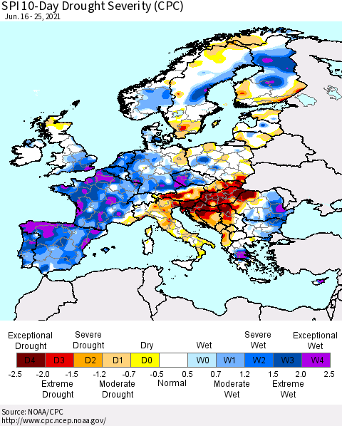 Europe SPI 10-Day Drought Severity (CPC) Thematic Map For 6/16/2021 - 6/25/2021