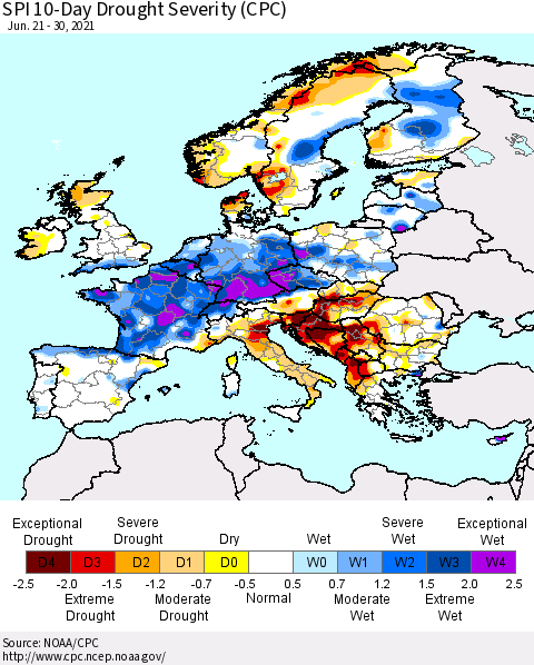 Europe SPI 10-Day Drought Severity (CPC) Thematic Map For 6/21/2021 - 6/30/2021