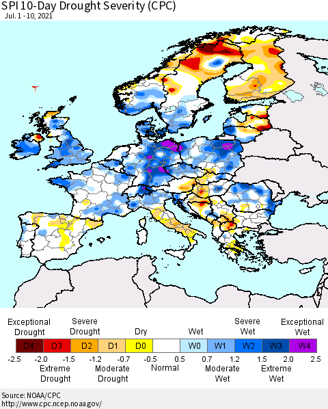Europe SPI 10-Day Drought Severity (CPC) Thematic Map For 7/1/2021 - 7/10/2021