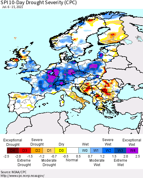 Europe SPI 10-Day Drought Severity (CPC) Thematic Map For 7/6/2021 - 7/15/2021