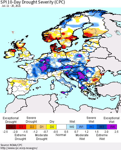 Europe SPI 10-Day Drought Severity (CPC) Thematic Map For 7/11/2021 - 7/20/2021