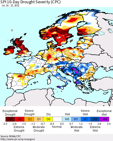 Europe SPI 10-Day Drought Severity (CPC) Thematic Map For 7/16/2021 - 7/25/2021