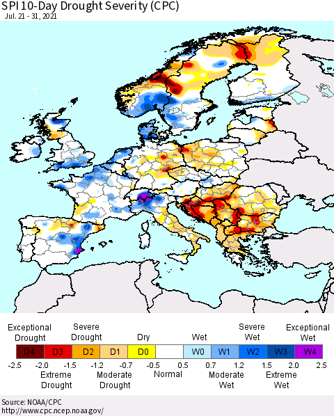 Europe SPI 10-Day Drought Severity (CPC) Thematic Map For 7/21/2021 - 7/31/2021