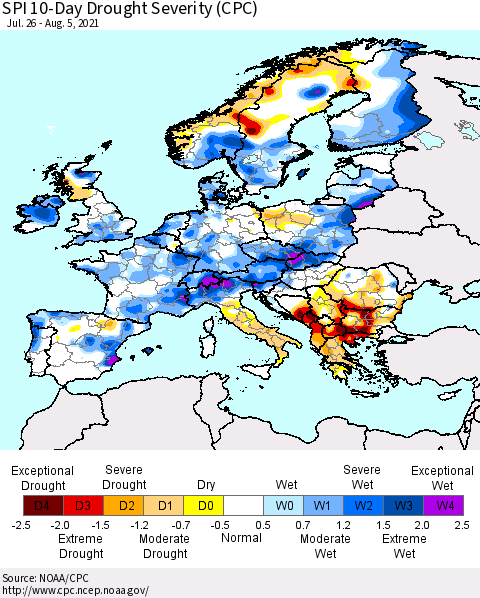 Europe SPI 10-Day Drought Severity (CPC) Thematic Map For 7/26/2021 - 8/5/2021