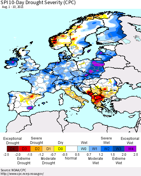 Europe SPI 10-Day Drought Severity (CPC) Thematic Map For 8/1/2021 - 8/10/2021