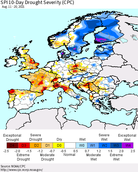 Europe SPI 10-Day Drought Severity (CPC) Thematic Map For 8/11/2021 - 8/20/2021