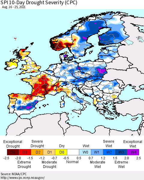 Europe SPI 10-Day Drought Severity (CPC) Thematic Map For 8/16/2021 - 8/25/2021