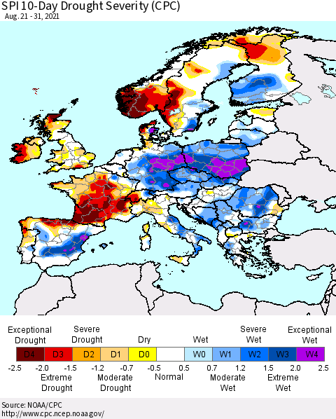 Europe SPI 10-Day Drought Severity (CPC) Thematic Map For 8/21/2021 - 8/31/2021
