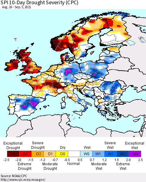 Europe SPI 10-Day Drought Severity (CPC) Thematic Map For 8/26/2021 - 9/5/2021