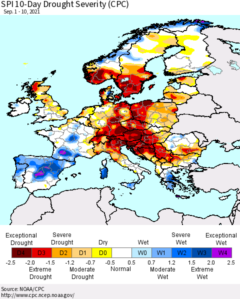 Europe SPI 10-Day Drought Severity (CPC) Thematic Map For 9/1/2021 - 9/10/2021