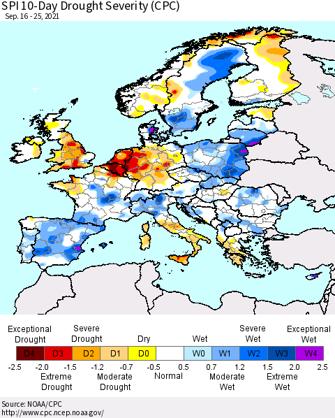 Europe SPI 10-Day Drought Severity (CPC) Thematic Map For 9/16/2021 - 9/25/2021
