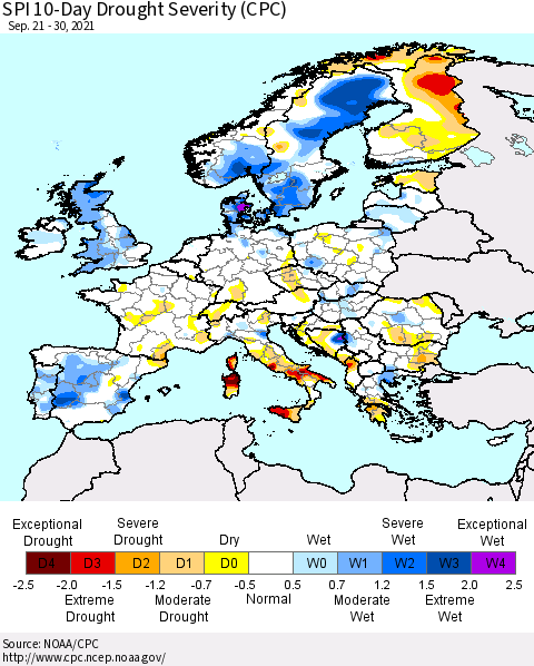 Europe SPI 10-Day Drought Severity (CPC) Thematic Map For 9/21/2021 - 9/30/2021