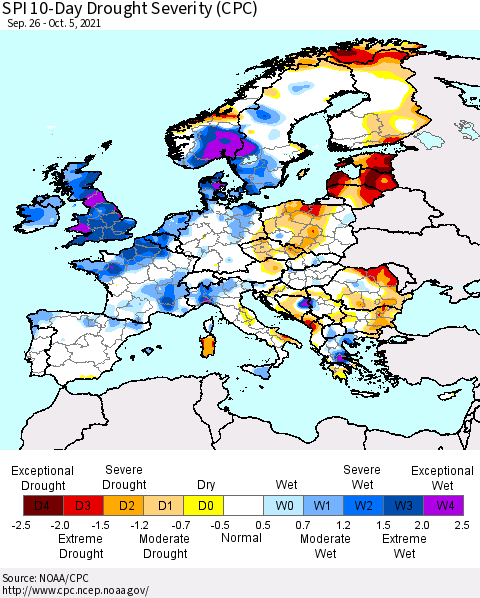 Europe SPI 10-Day Drought Severity (CPC) Thematic Map For 9/26/2021 - 10/5/2021