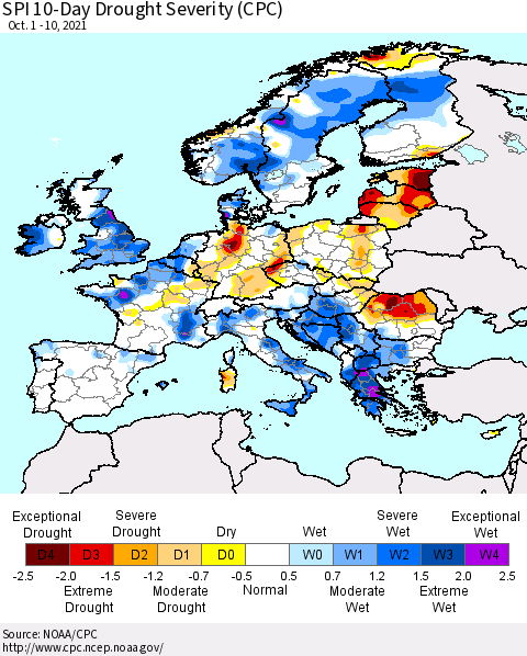 Europe SPI 10-Day Drought Severity (CPC) Thematic Map For 10/1/2021 - 10/10/2021
