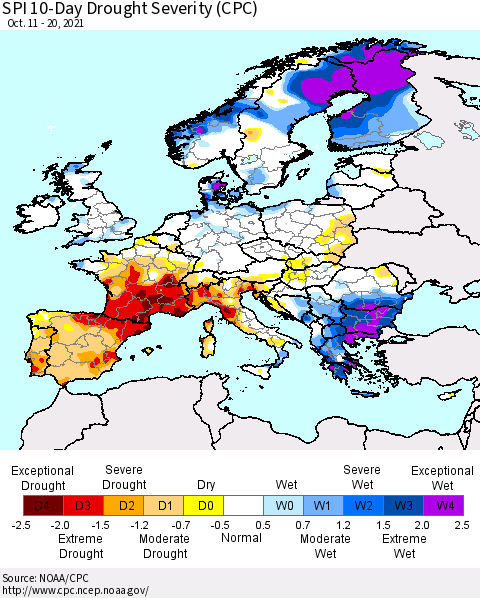 Europe SPI 10-Day Drought Severity (CPC) Thematic Map For 10/11/2021 - 10/20/2021