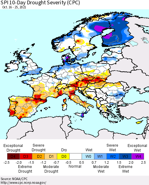 Europe SPI 10-Day Drought Severity (CPC) Thematic Map For 10/16/2021 - 10/25/2021