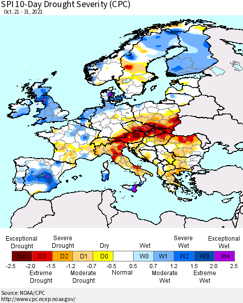 Europe SPI 10-Day Drought Severity (CPC) Thematic Map For 10/21/2021 - 10/31/2021
