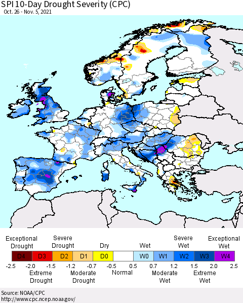 Europe SPI 10-Day Drought Severity (CPC) Thematic Map For 10/26/2021 - 11/5/2021