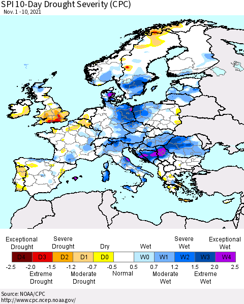 Europe SPI 10-Day Drought Severity (CPC) Thematic Map For 11/1/2021 - 11/10/2021