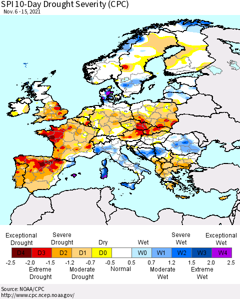 Europe SPI 10-Day Drought Severity (CPC) Thematic Map For 11/6/2021 - 11/15/2021