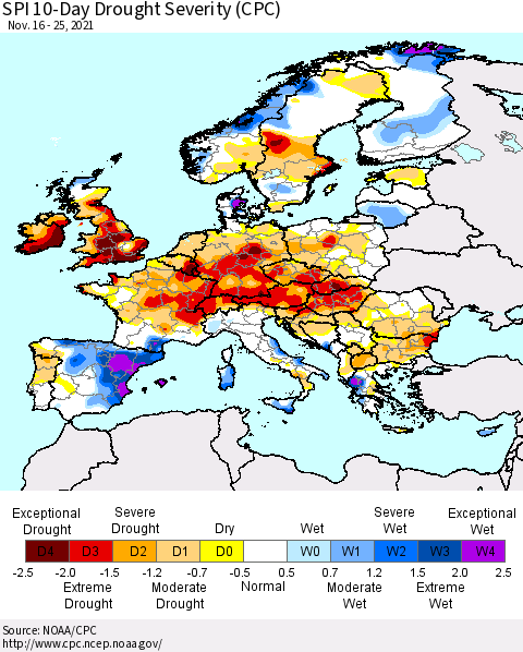 Europe SPI 10-Day Drought Severity (CPC) Thematic Map For 11/16/2021 - 11/25/2021