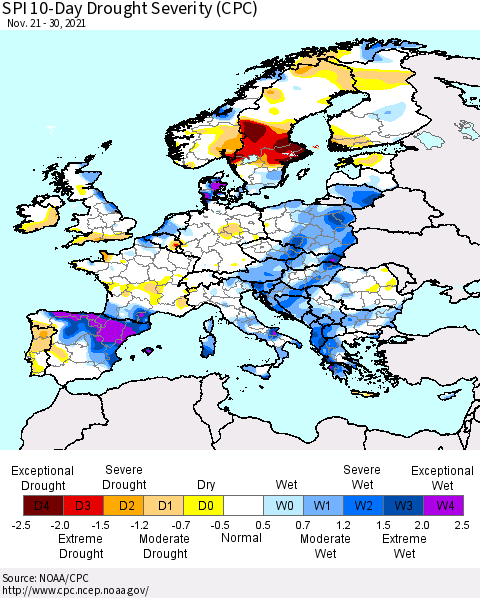 Europe SPI 10-Day Drought Severity (CPC) Thematic Map For 11/21/2021 - 11/30/2021