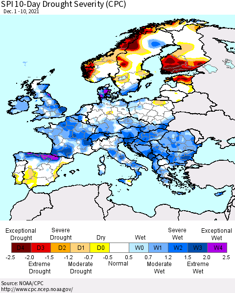 Europe SPI 10-Day Drought Severity (CPC) Thematic Map For 12/1/2021 - 12/10/2021