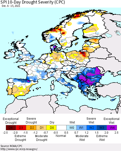 Europe SPI 10-Day Drought Severity (CPC) Thematic Map For 12/6/2021 - 12/15/2021