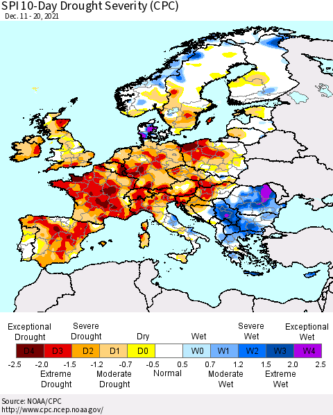 Europe SPI 10-Day Drought Severity (CPC) Thematic Map For 12/11/2021 - 12/20/2021