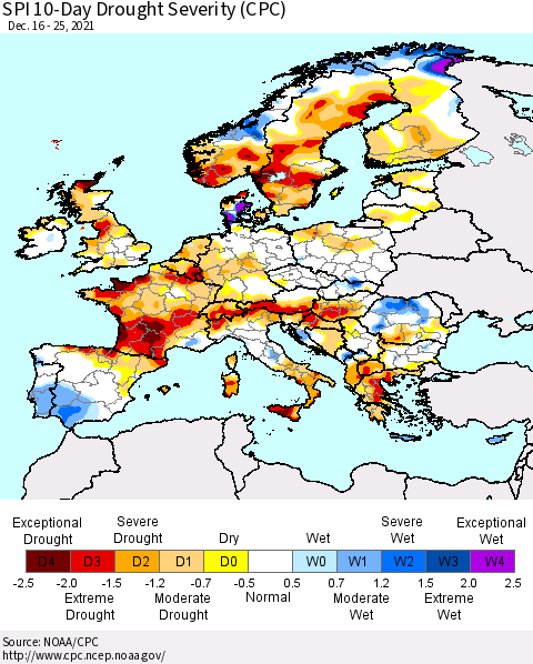 Europe SPI 10-Day Drought Severity (CPC) Thematic Map For 12/16/2021 - 12/25/2021