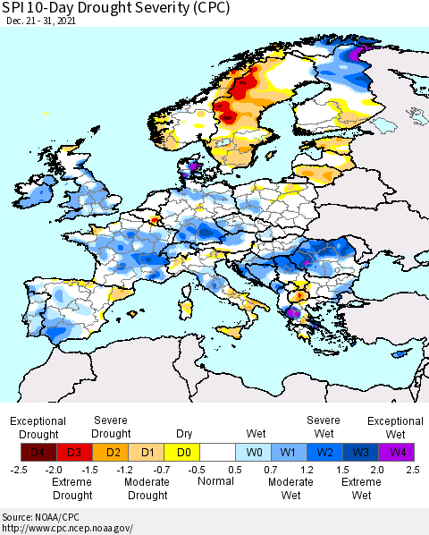 Europe SPI 10-Day Drought Severity (CPC) Thematic Map For 12/21/2021 - 12/31/2021