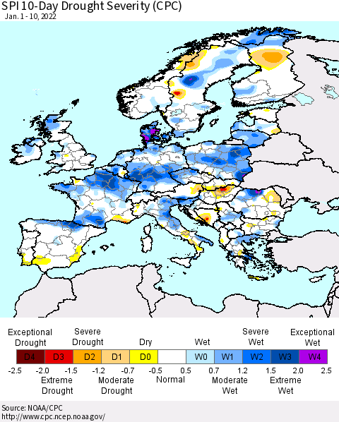 Europe SPI 10-Day Drought Severity (CPC) Thematic Map For 1/1/2022 - 1/10/2022