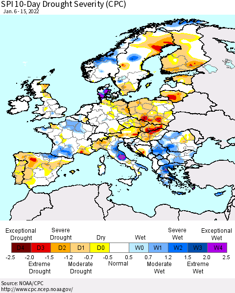 Europe SPI 10-Day Drought Severity (CPC) Thematic Map For 1/6/2022 - 1/15/2022