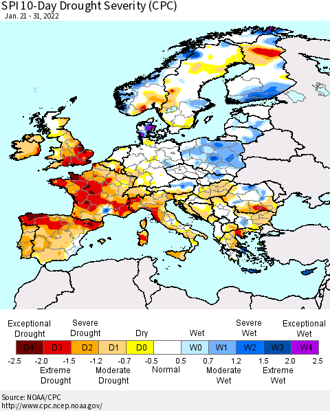 Europe SPI 10-Day Drought Severity (CPC) Thematic Map For 1/21/2022 - 1/31/2022