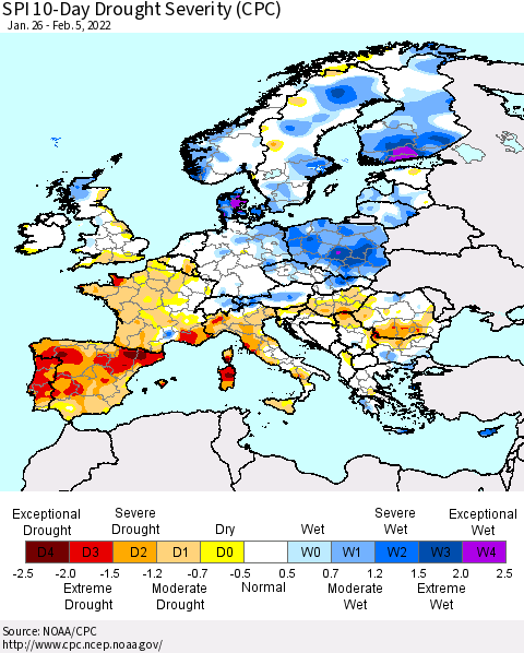 Europe SPI 10-Day Drought Severity (CPC) Thematic Map For 1/26/2022 - 2/5/2022