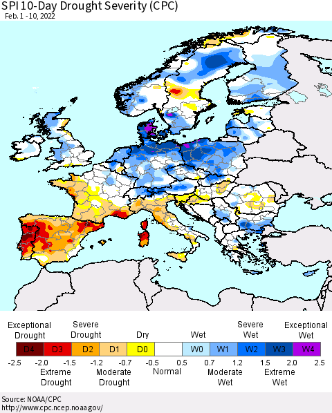Europe SPI 10-Day Drought Severity (CPC) Thematic Map For 2/1/2022 - 2/10/2022