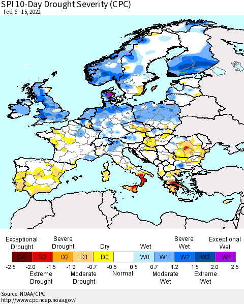 Europe SPI 10-Day Drought Severity (CPC) Thematic Map For 2/6/2022 - 2/15/2022