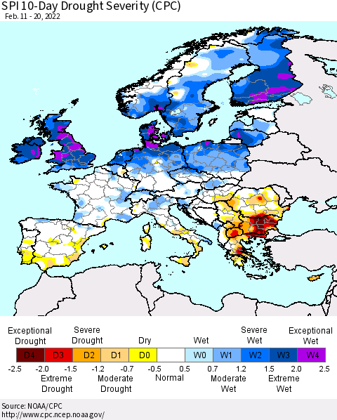 Europe SPI 10-Day Drought Severity (CPC) Thematic Map For 2/11/2022 - 2/20/2022